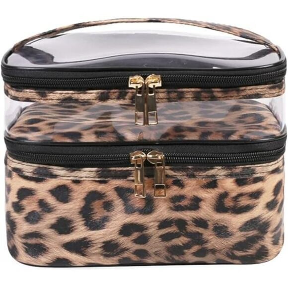 Leopard Makeup Bag Double Layer Travel Toiletry Organizer Cosmetic Case Women - Picture 7 of 7